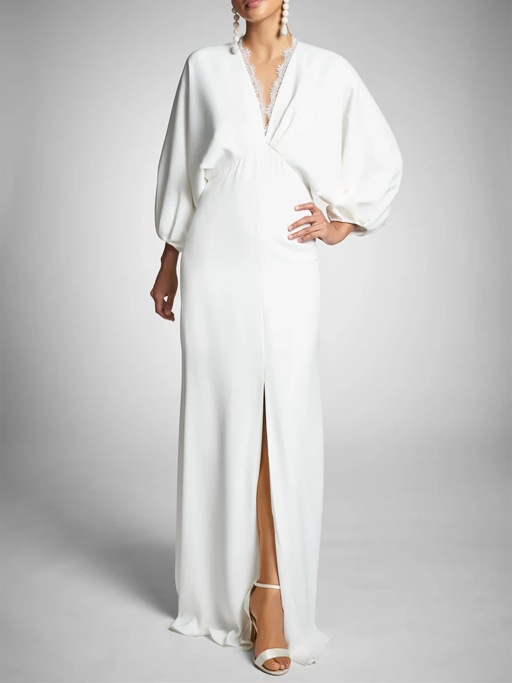 Wholesale Sheath/Column Long Sleeves Plunging V Neck Floor-Length Wedding Dresses